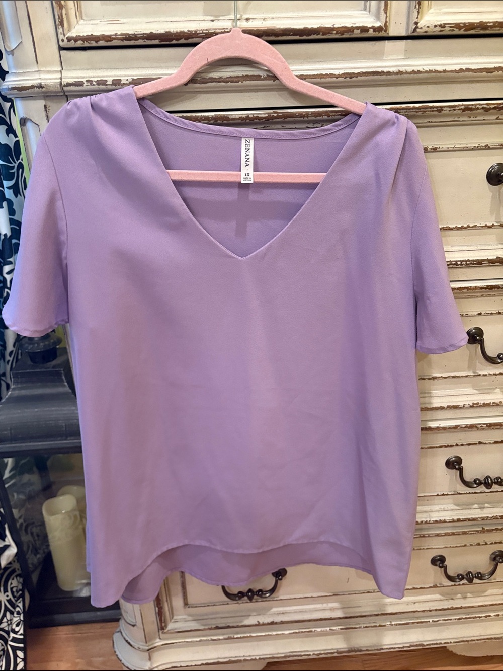 Zenana Outfitters Lavender V-Neck Short Sleeve Blouse